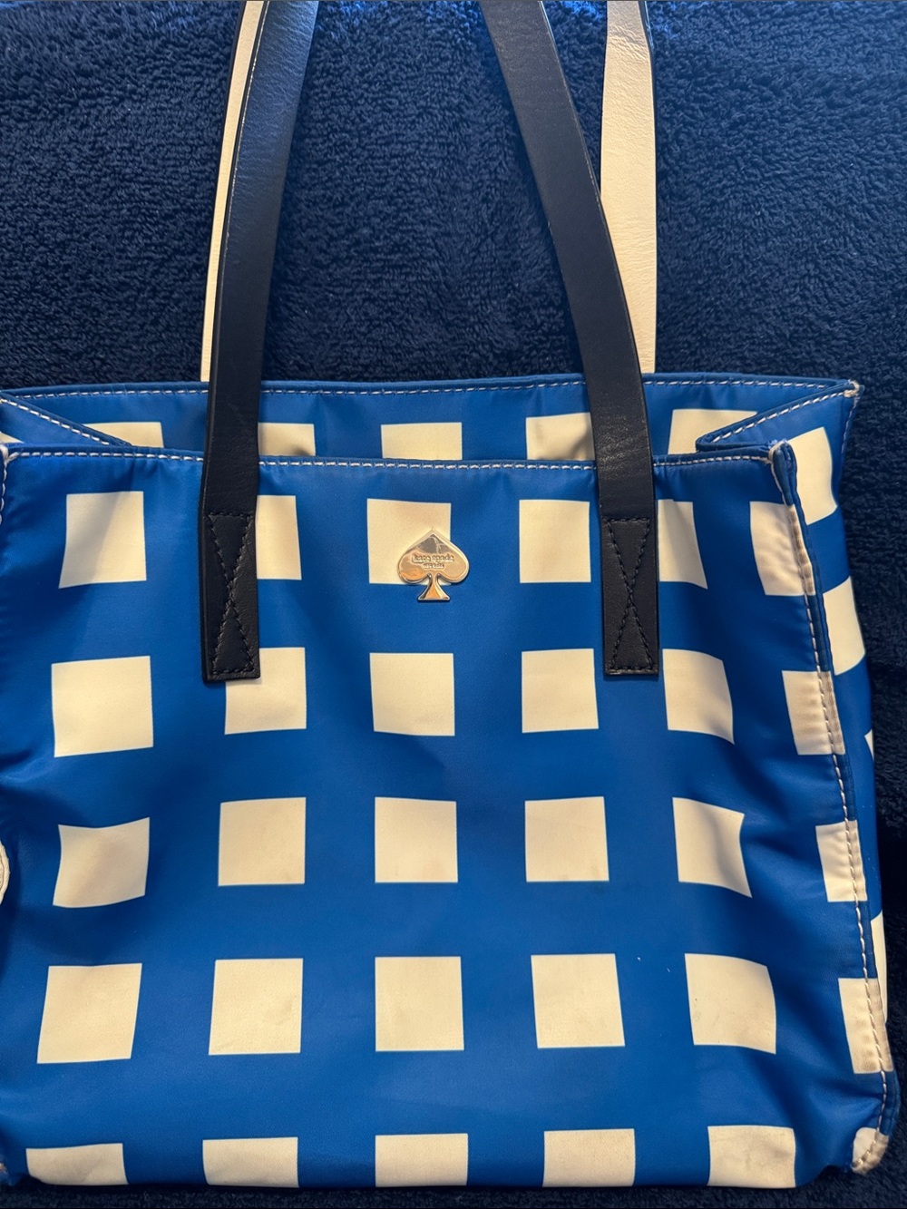 kate spade Blue and White Check Tote with Navy Straps